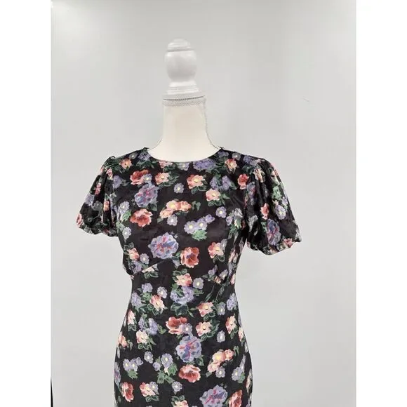 ASOS Maxi Dress Floral Black Velvet Short Sleeve  Keyhole Back Grunge Gown Sz 2 - Picture 2 of 10